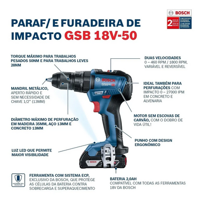 PARAFUSADEIRA FURAD IMPCTO 18V BOSCH GSB 18V-50 BRUSH + ACES  Month sold 2530