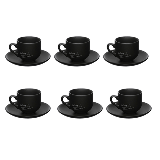 Jogo Xicara de Café com Pires em Porcelana Manhattan Preta 90ml 6 Peças