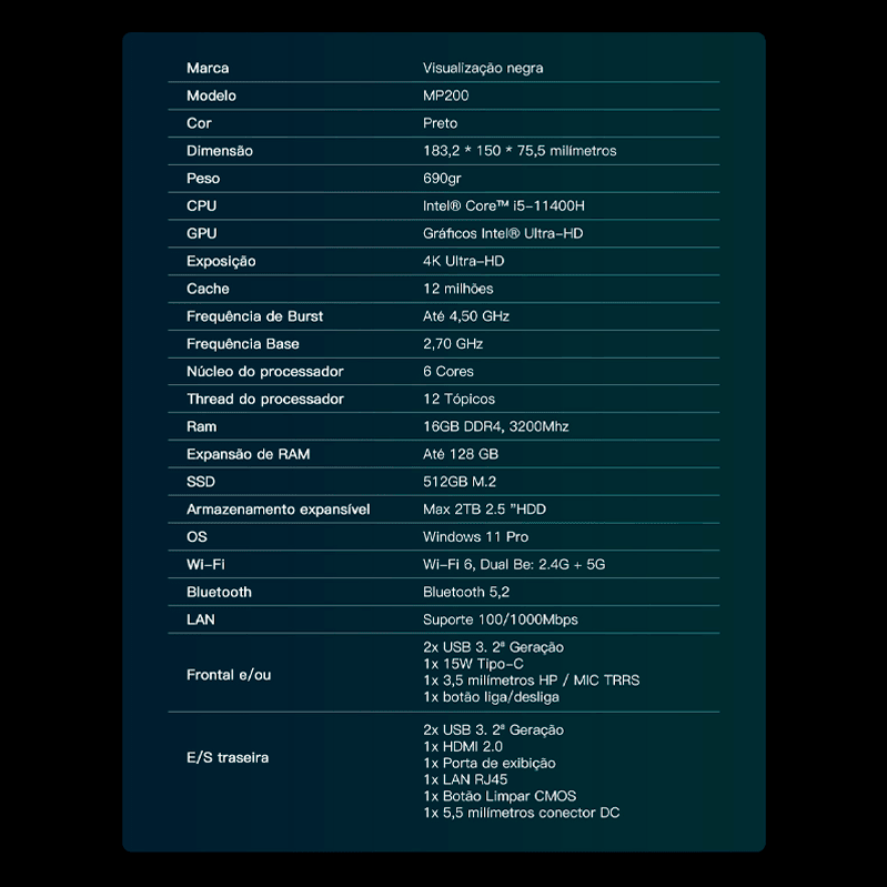 MiniPC Processador I5 11400H 16GB 512GB SSD (PREÇO VÁLIDO SOMENTE HOJE)